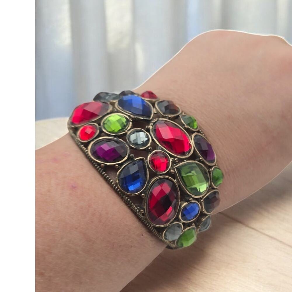 Jewel Tone Multi Color Rhinestone Cuff Bracelet Gold Tone - Maximalist Glam